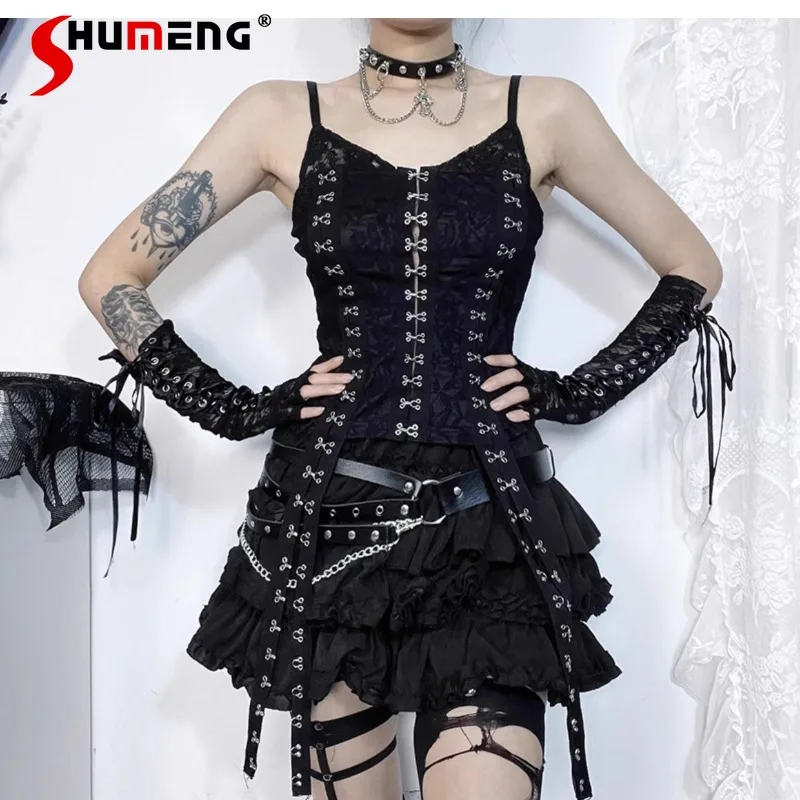 

Japanese Rojita Style Black Rock And Roll Punk Hot Girl Top Asian Culture Design Sense Dark Style Slimming Cool Strap Camisoles