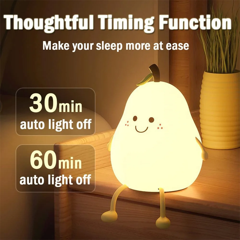 Pear Night Light Touch Portable LED Silicone Lamp Rechargeable 7 Color Changing Timer Toddler Baby Nursery Cute Nightlight