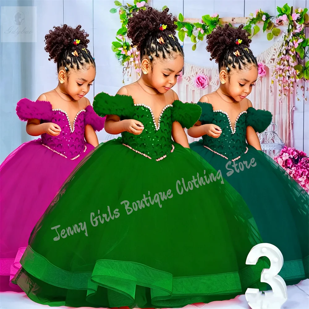 Anpassbares Pailletten-Perlen-Blumenmädchen-Hochzeitskleid Applikationen Kinder Geburtstagsparty Prinzessin Erstkommunion-Kleid