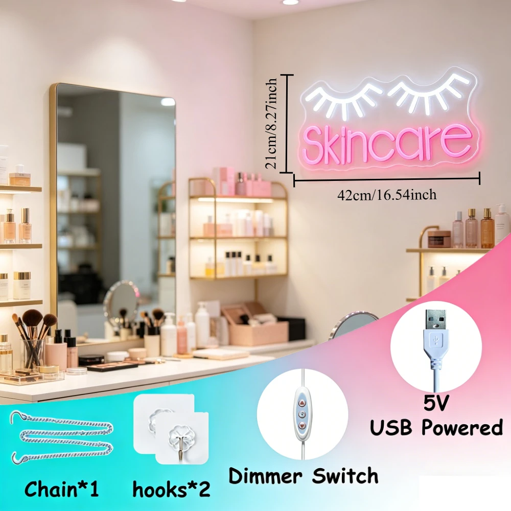 Skincare Eyelash Neon Sign Dimmable USB LED Wall Light for Beauty Salon Makeup Room Bedroom Vanity Table Dorm Glam Corner Decor