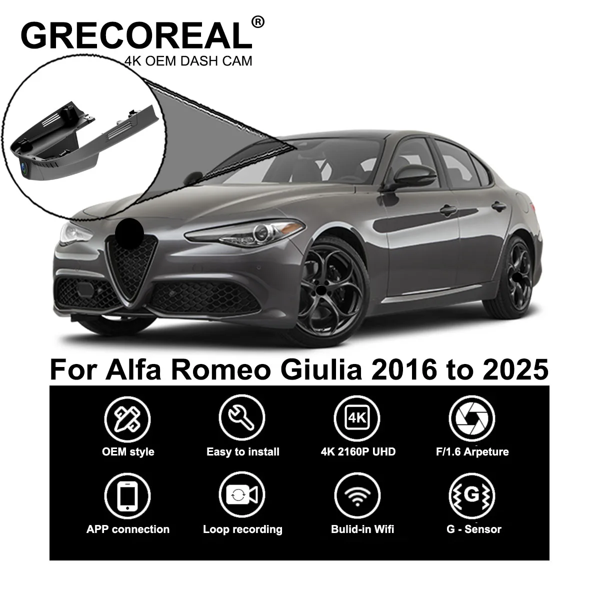 

GRECOREAL 4K Dash Cam Front and Rear 2160P WiFi Dual Camera Dashcam Plug Play Easy Install Compatible with Alfa Romeo Giulia