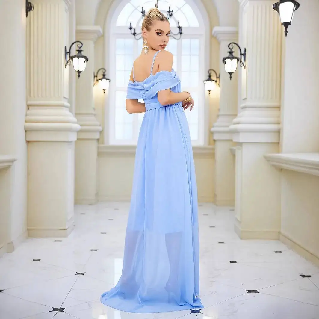 

Сплошной цвет, новое шифоновое длинное платье с v-образным вырезом на бретельках, элегантное облегающее модное платье, повседневное кавайное платье 2024, летнее платье, халат, женское платье