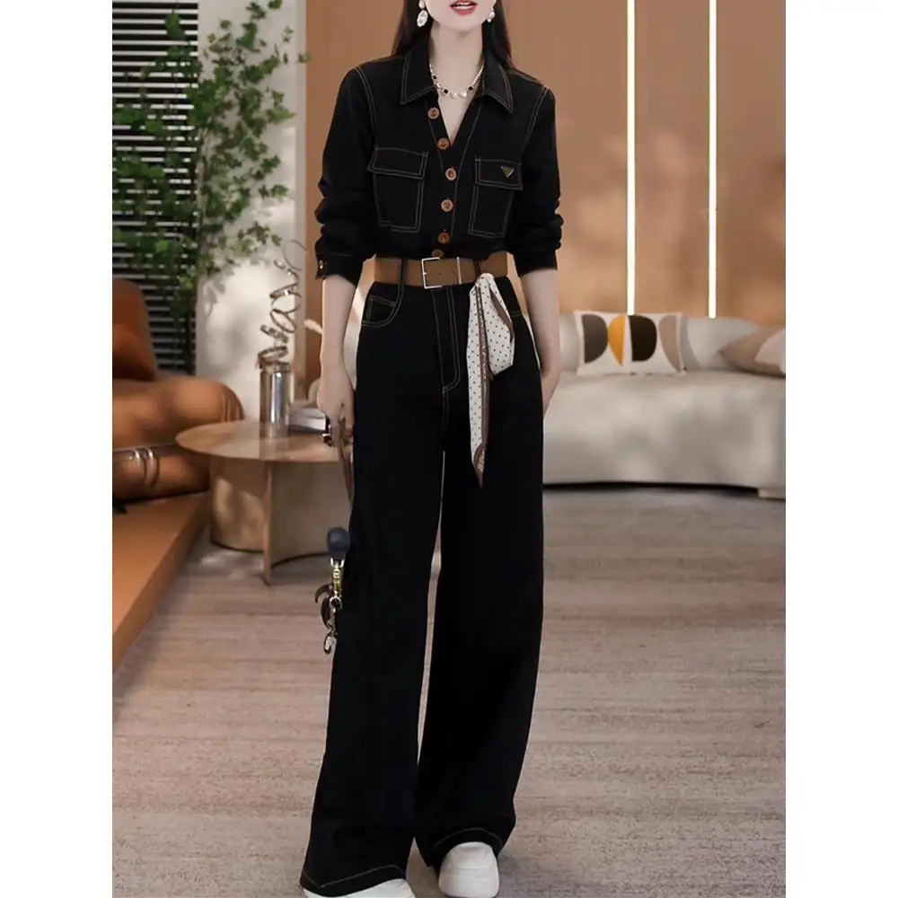 

Женские джинсовые комбинезоны, длинные прямые брюки с воротником-стойкой Sve, утягивающий дизайн, осенние новые брюки с низкой талией