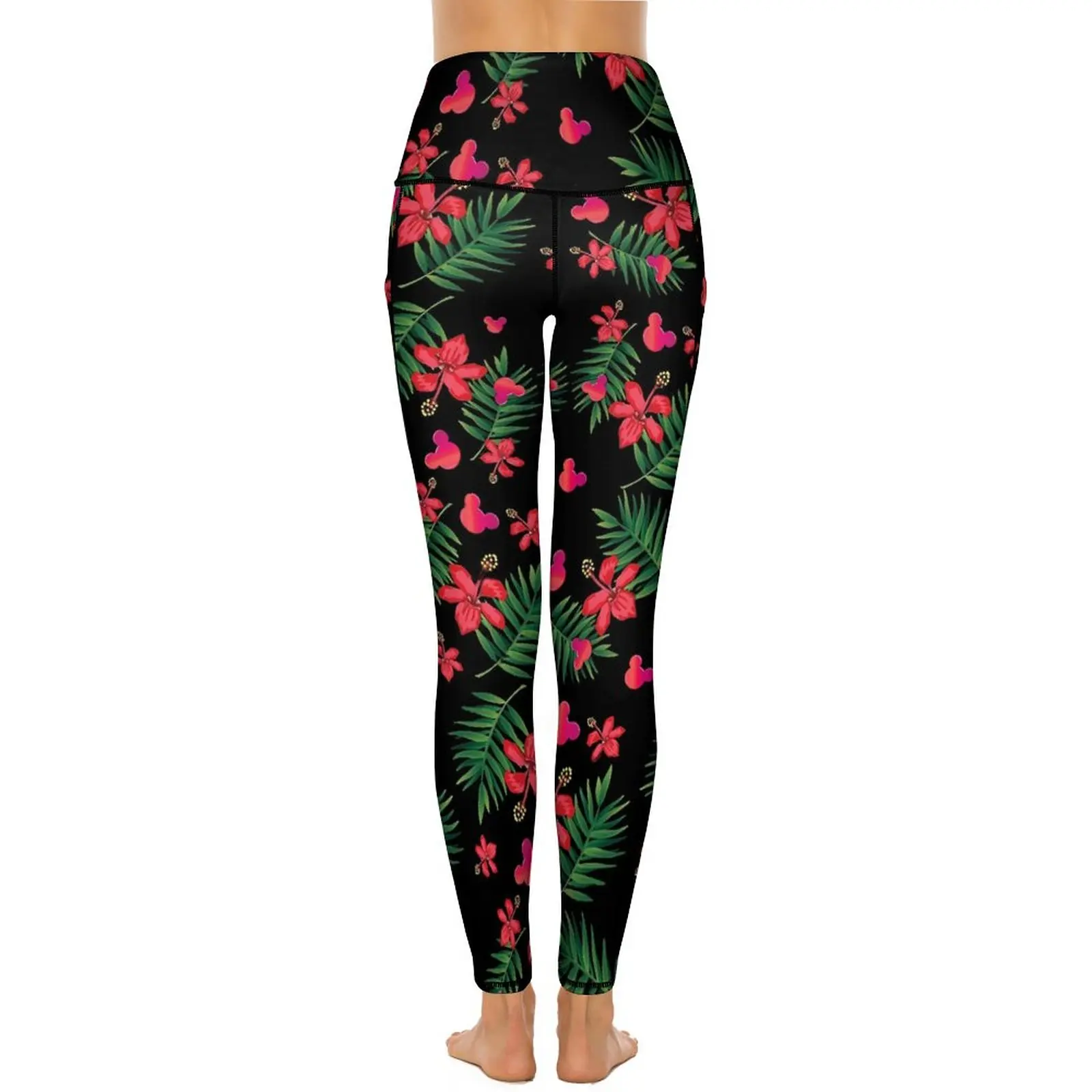 Pantalones de Yoga con orejas florales rojas y bolsillos, mallas con estampado de hojas verdes, mallas deportivas sexis de realce para Yoga, mallas