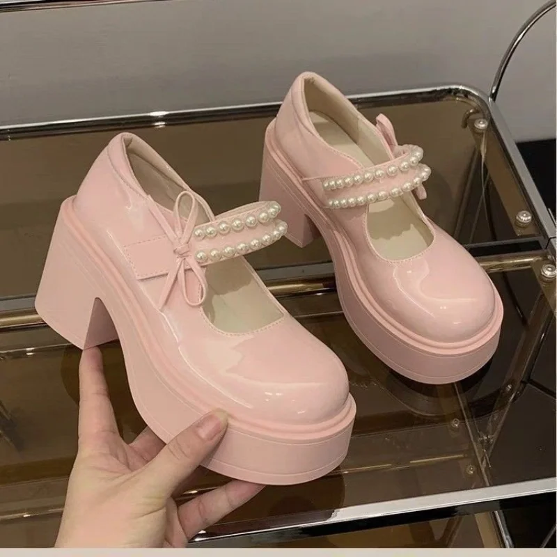 Women Three Colors Double Pearl Chain Bow Block Heel Mary Jane Shoes, Height Increasing  JK Sweet Lolita Student Leather Shoes