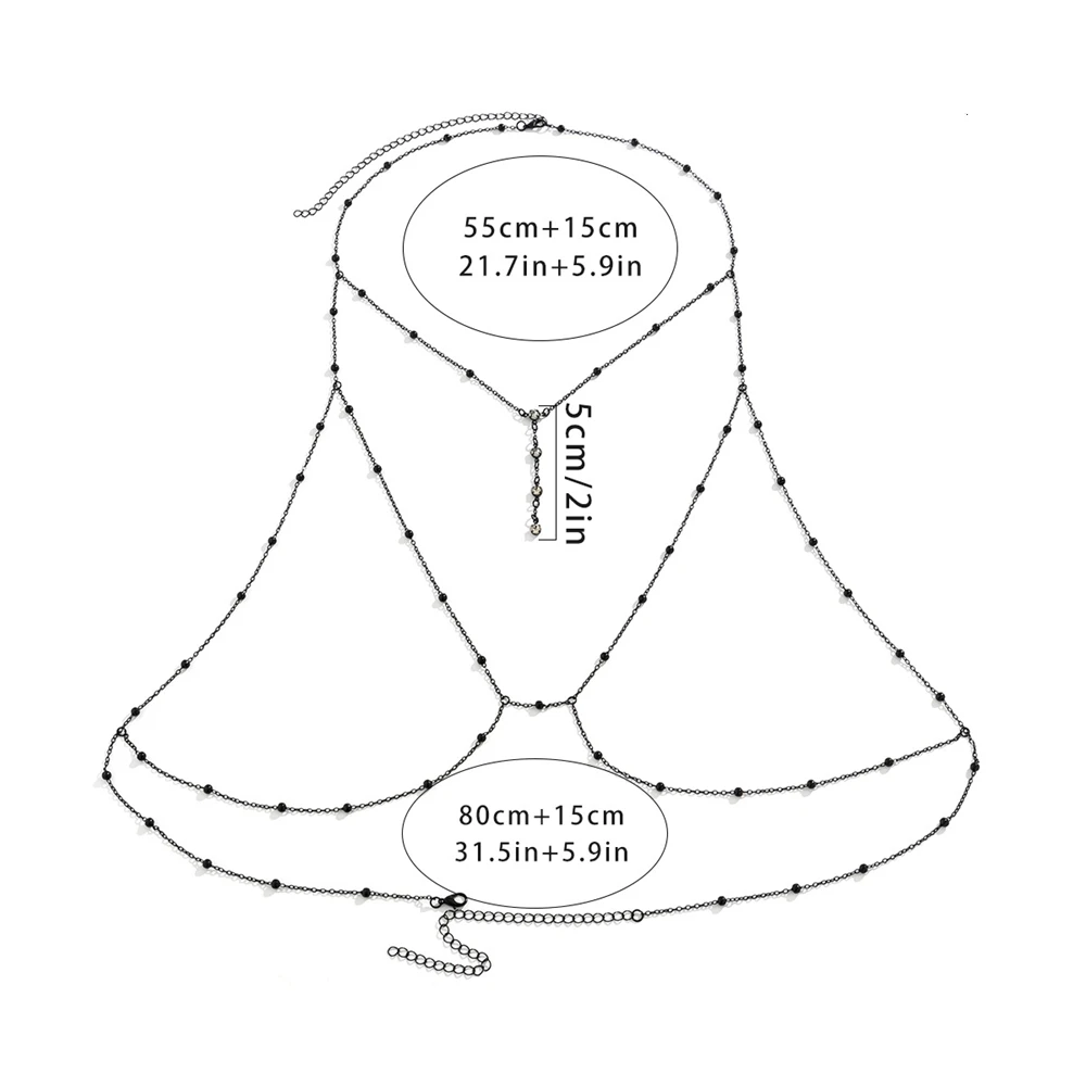 الراين شرابة الجسم سلسلة بيكيني للشاطئ اكسسوارات الزفاف المرأة الأسود مثير الصدرية عبر الجسم سلسلة قلادة المجوهرات