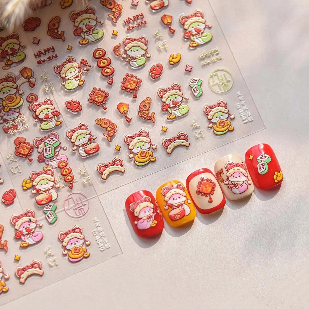 Nagelaccessoires Chinees Nieuwjaar Nagelsticker Pioenbloem 3D Parel Boog Nieuwjaar Slang Nagelsticker Chinees Karakter