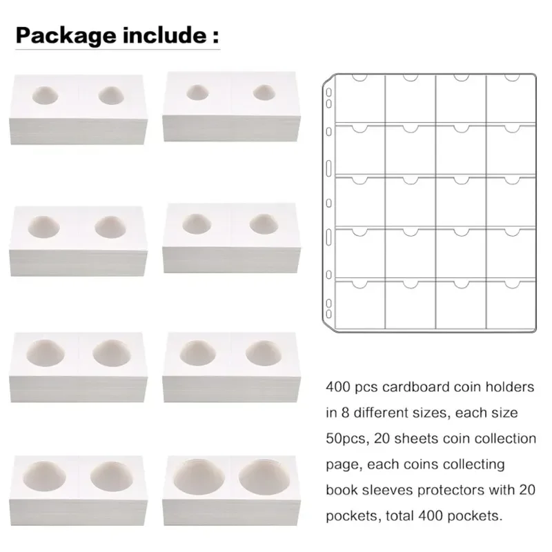 20 Sheets Coin Pocket Pages Coin Holder 400 Pocketsand 8 Sizes Coin Collection with Size of 17.5/20.5/23/25/27.5/31.5/35/40mm