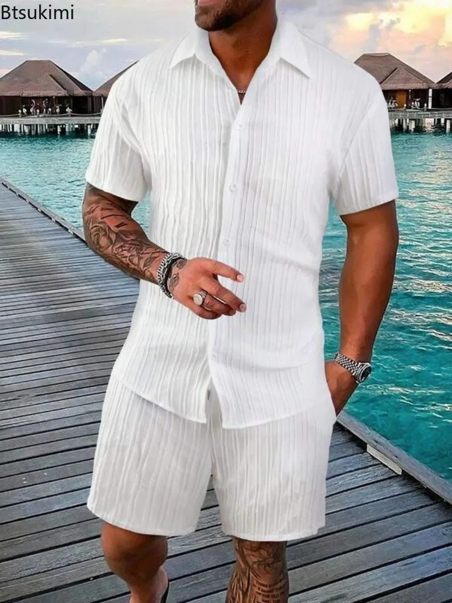 Conjuntos de estilo playero para hombre, camisas de manga corta y pantalones cortos con textura de tira de alta calidad, cómodas e informales, de 2