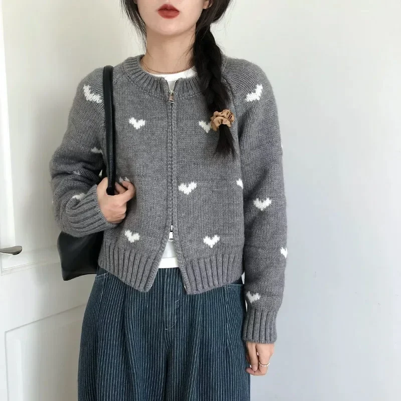 Deeptown White Vintage Women Knit Cardigan Love Embroidery Korean Fashion Long Sleeve Sweaters Slim Autumn Winter Kawaii Sweet