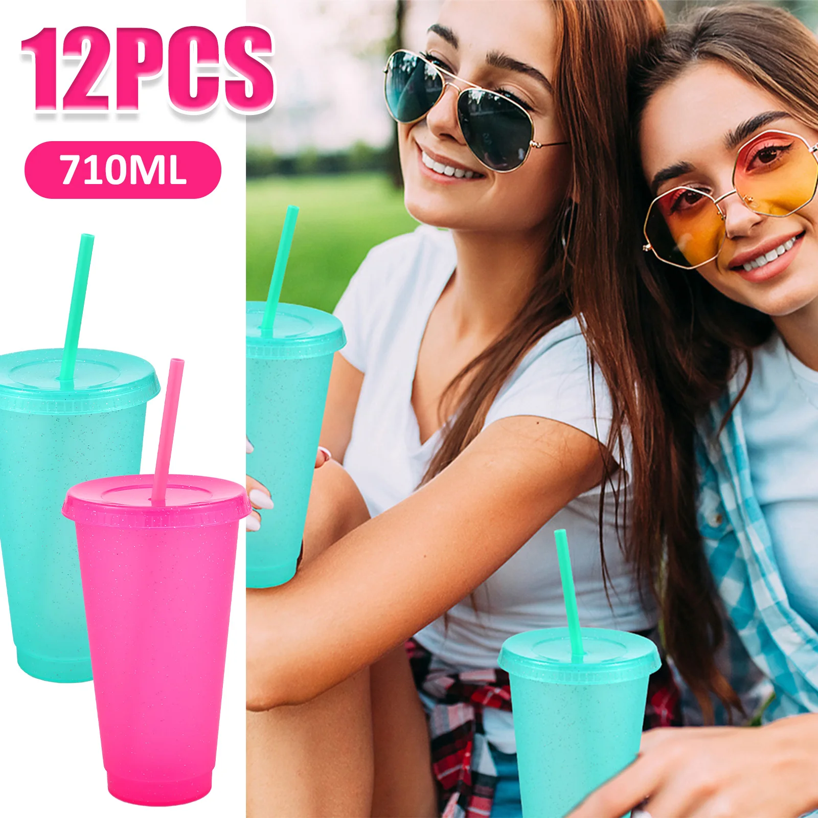 New 12Pcs Plastic Straw Cups Reusable Glitter Tumbler with Lid 710ml Large Capacity Drinking Cup Safe Fashion Water Bottle