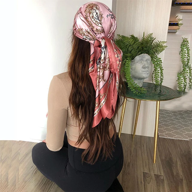 90*90cm Square Silk Scarves Women Hijab Shawls Fashion Print Kerchief Femme Head Scarf Foulard Bandana Beach Pareo 2