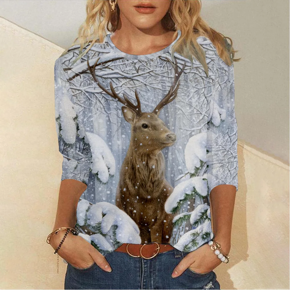 

Christmas Deer Print T Shirt Women Long Sleeve Loose T Shirts Autumn Casual Round Neck Tops