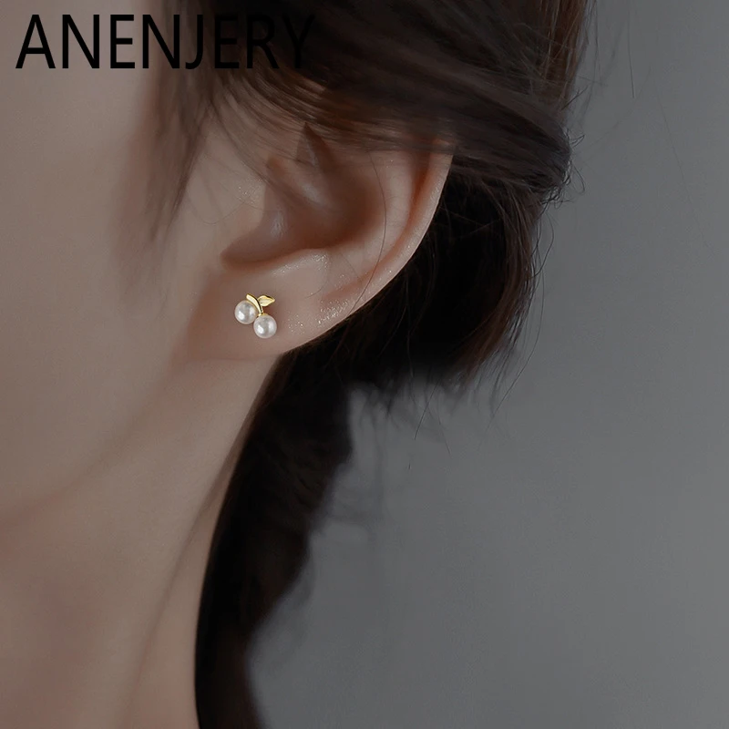 ANENJERY أقراط اللؤلؤ الكرز للنساء الفتيات مزاجه الكورية Ins الأزياء والمجوهرات الهدايا ثقب بالجملة