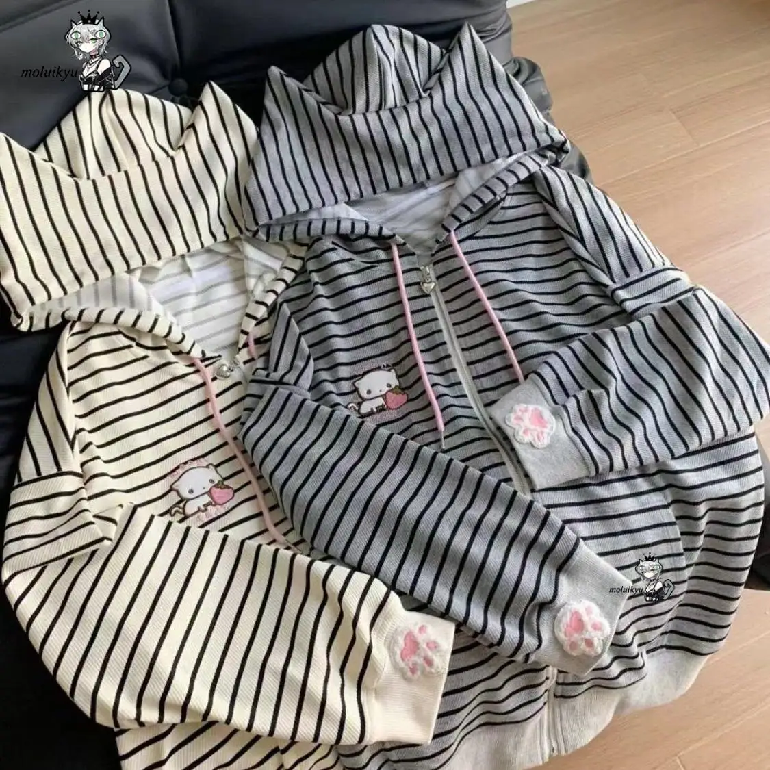 Y2K Women Striped Zip Up Jacket Kawaii Cat Ear Hoodie Cute Cat Paw Embroidery Aesthetic Japanese Harajuku Streetwear Sweatshirt