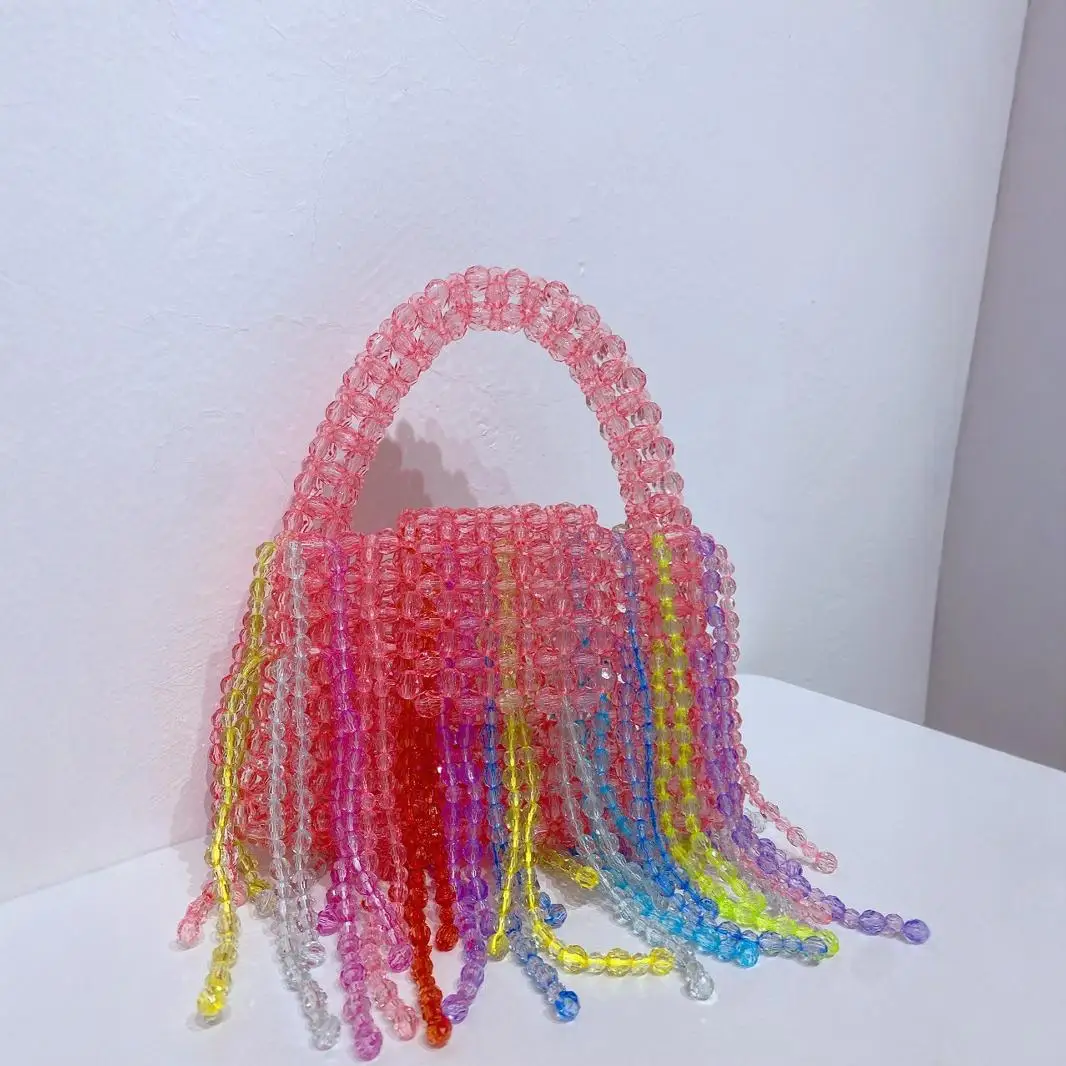 

Popular Ins Color Tassel Heavy Industry Bead Bags Handmade Acrylic Pink Fashionable Flip Top Hand-held Women's Small Square Bag