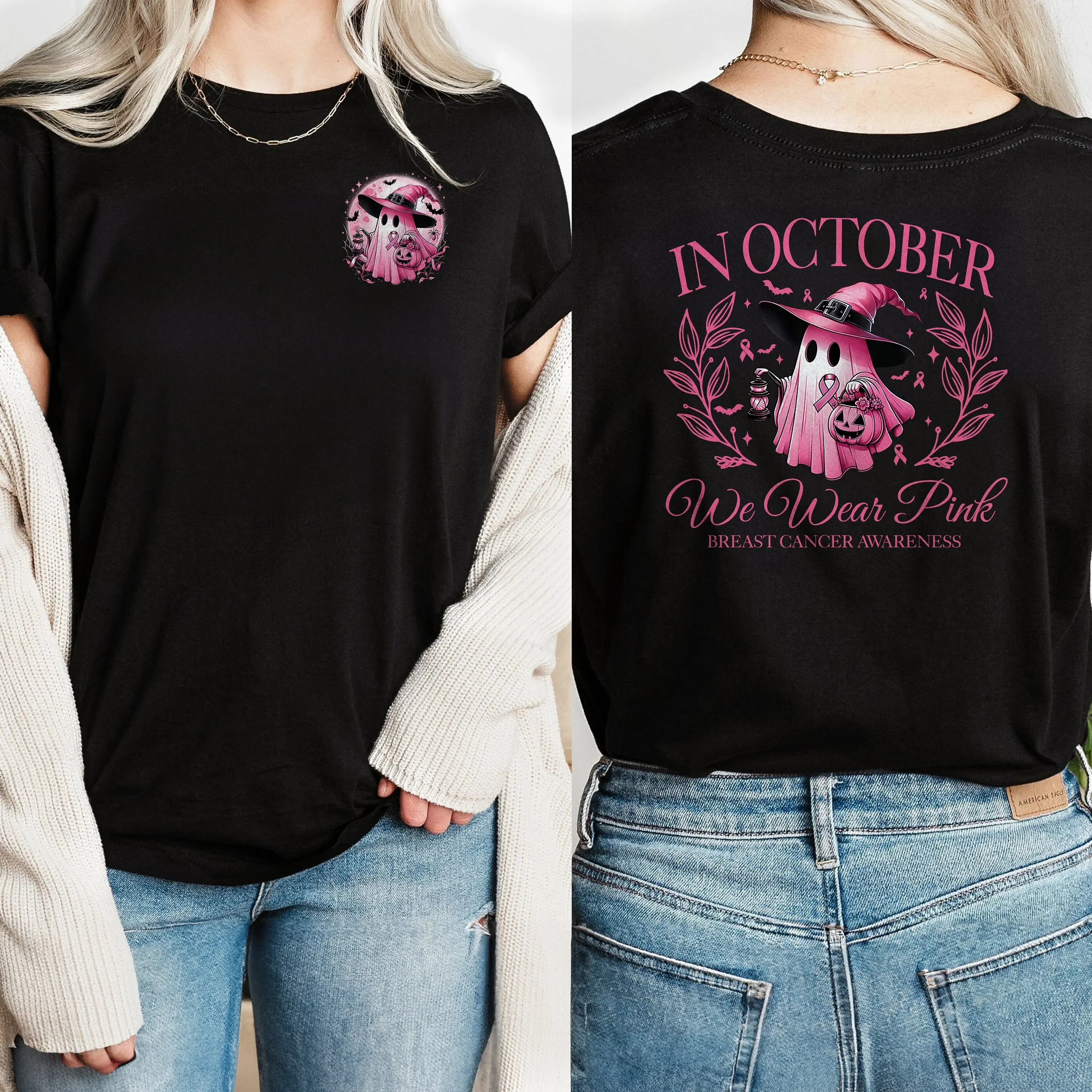In October We Wear Pink T Shirt Breast Cancer Awareness Ghost Ribbon Pumpkin