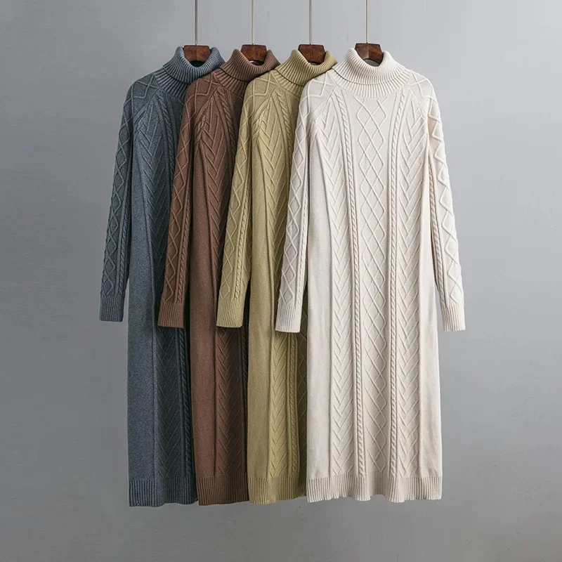 

OverSized Autumn Apricot Color Medium Long Term Knit Women Maxi Sweater Dress Thick Warm Turtleneck Straight Loose Winter