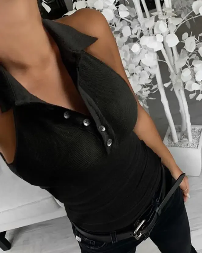Brief Women Tank Top Simple Casual Ribbed Button Front Design Plain Daily Clothing New Fashion Women's Sleeveless T-Shirt