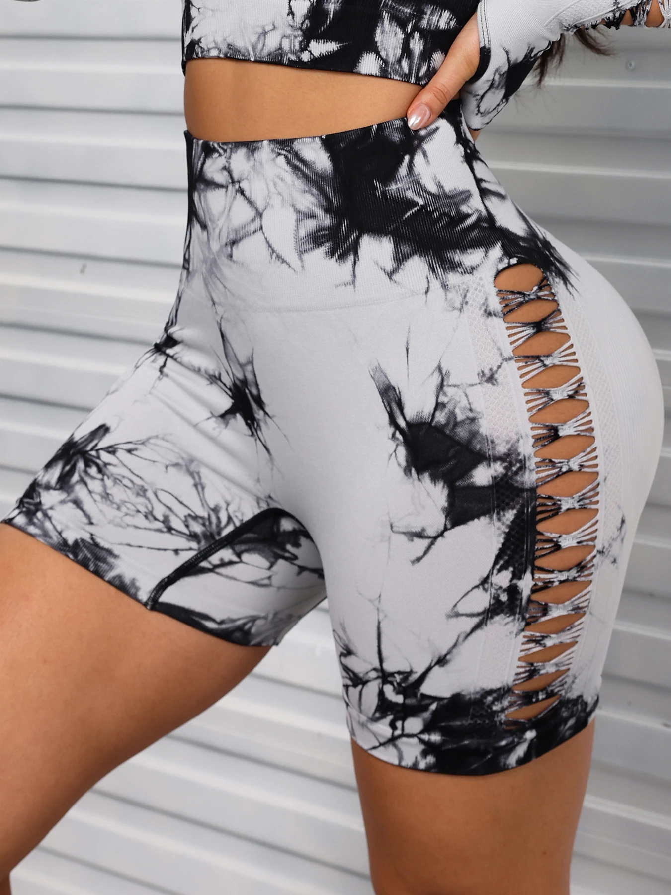 CHRLEISURE Sexy Butt Lifting Cycling Shorts High Waist Tie Die Hollow Yoga Shorts Elastic Fitness Three-Quarter Sport  Pants
