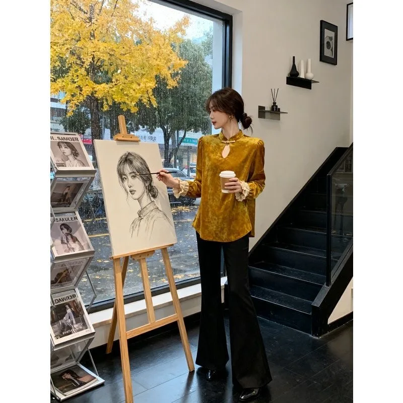 

Желтая бархатная женская облегающая блузка-рубашка с поясом, новая коллекция, китайский стиль, зимняя роскошная модель с поясом на талии