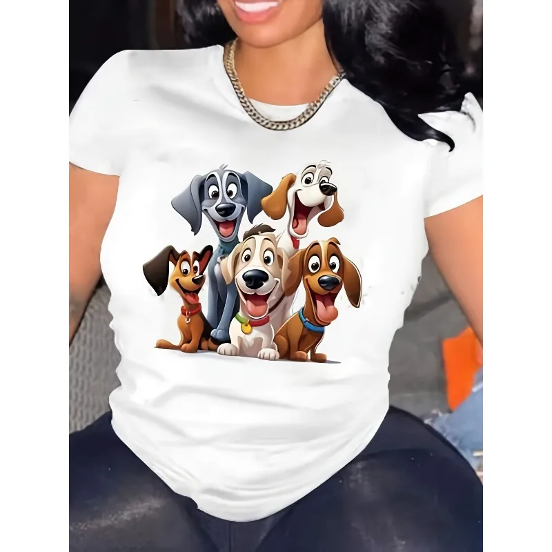 

Women's Short Sleeved Dog Print Round Neck T-shirt for Spring and Summer Casual Short Sleeved T-shirt Fashionable Loose Top