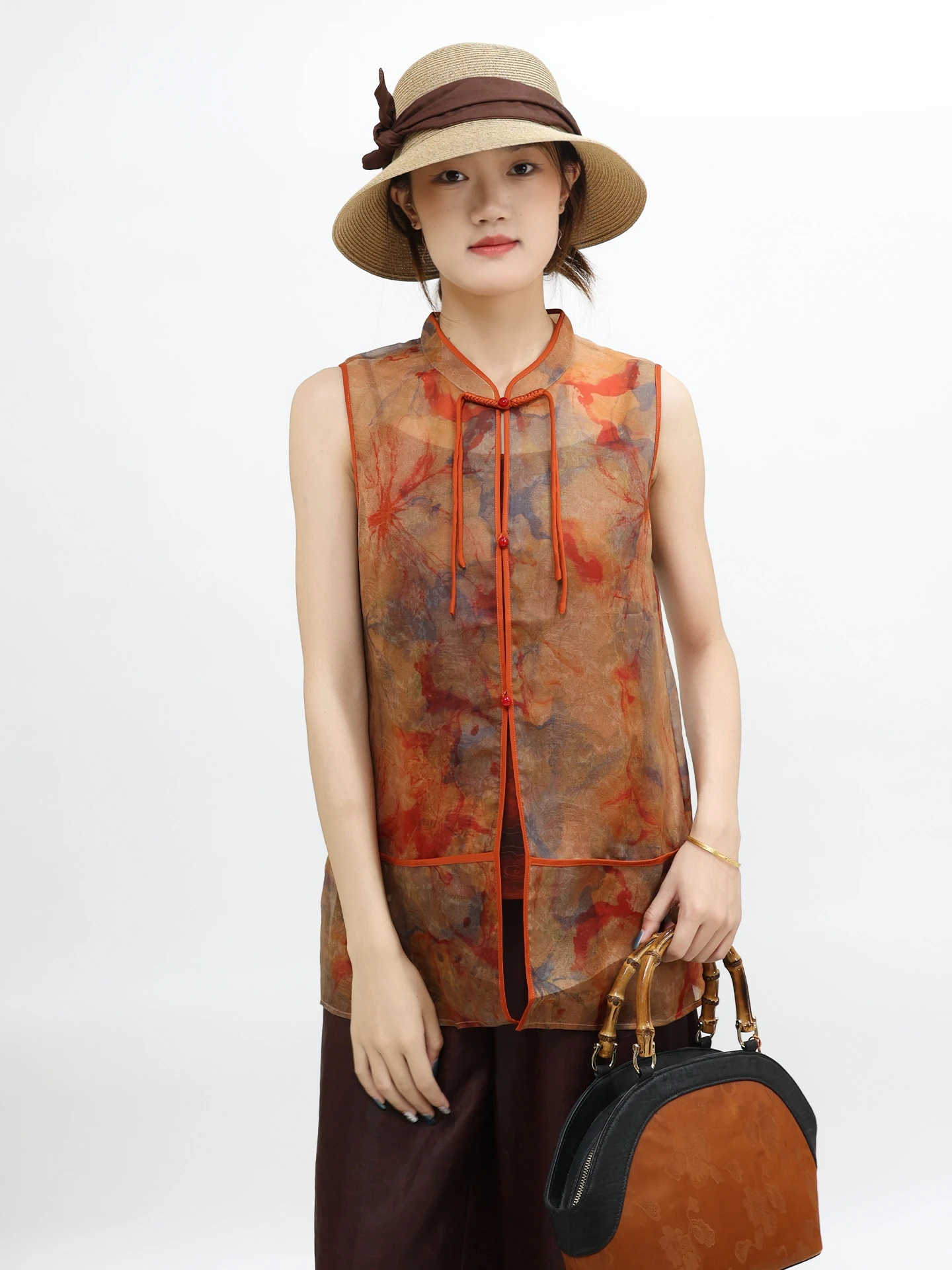 

Retro Chinese Style Pure Silk Embroidered Organza Loose Small Stand Collar Vest Top Women Summer New Home KF456
