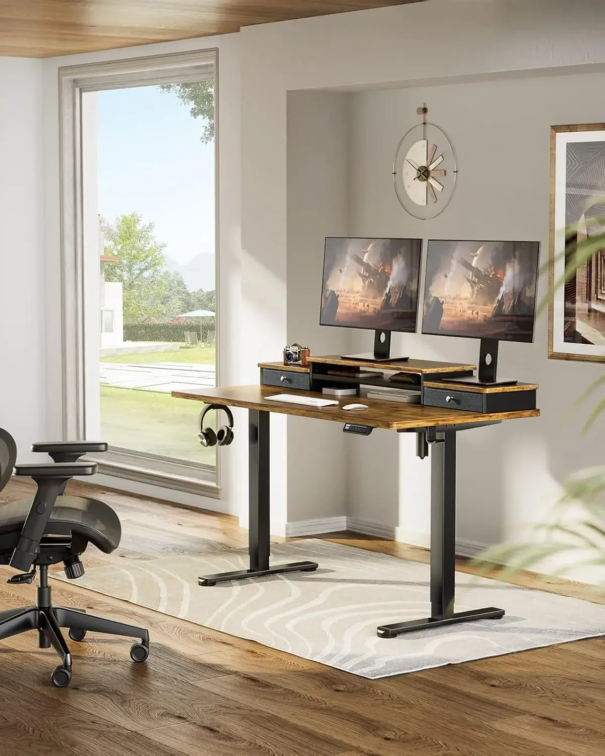 Electric Standing Desk with Double Drawers, 55x28 Inches Adjustable Height Sit Stand Up Desk