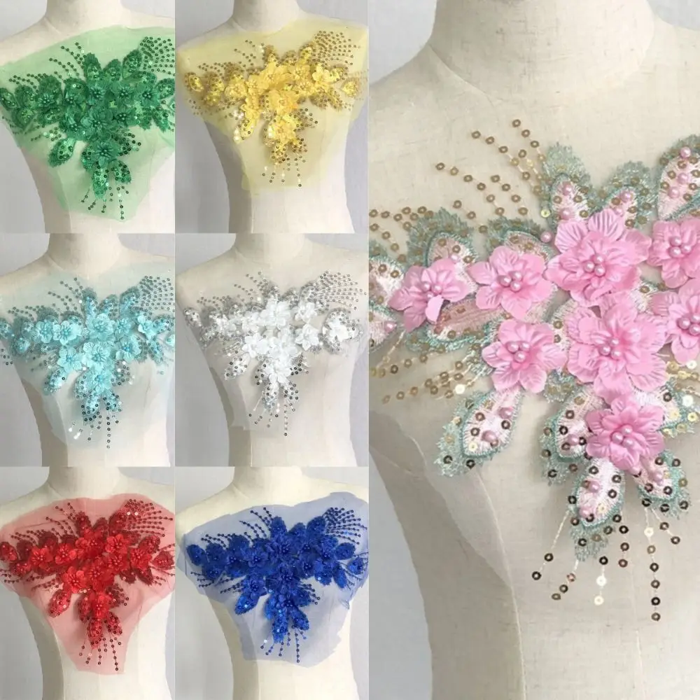 New 3D Flower Mesh Bead Phoenix Tail Flower Embroidery Embroidery Patches Sequin DIY Floral Lace Fabrics Applique Girl