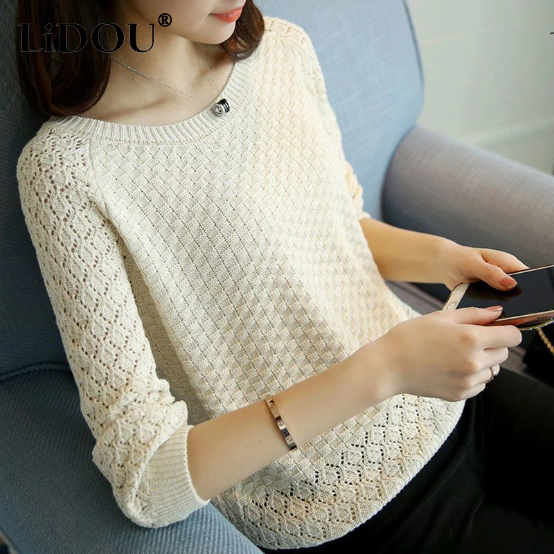 

Spring Autumn Fashion Hollow Out Solid Color Sweater Female O Neck Loose Casual Jumpers Women's 3/4 Sleeve Knitted Pullovers Top