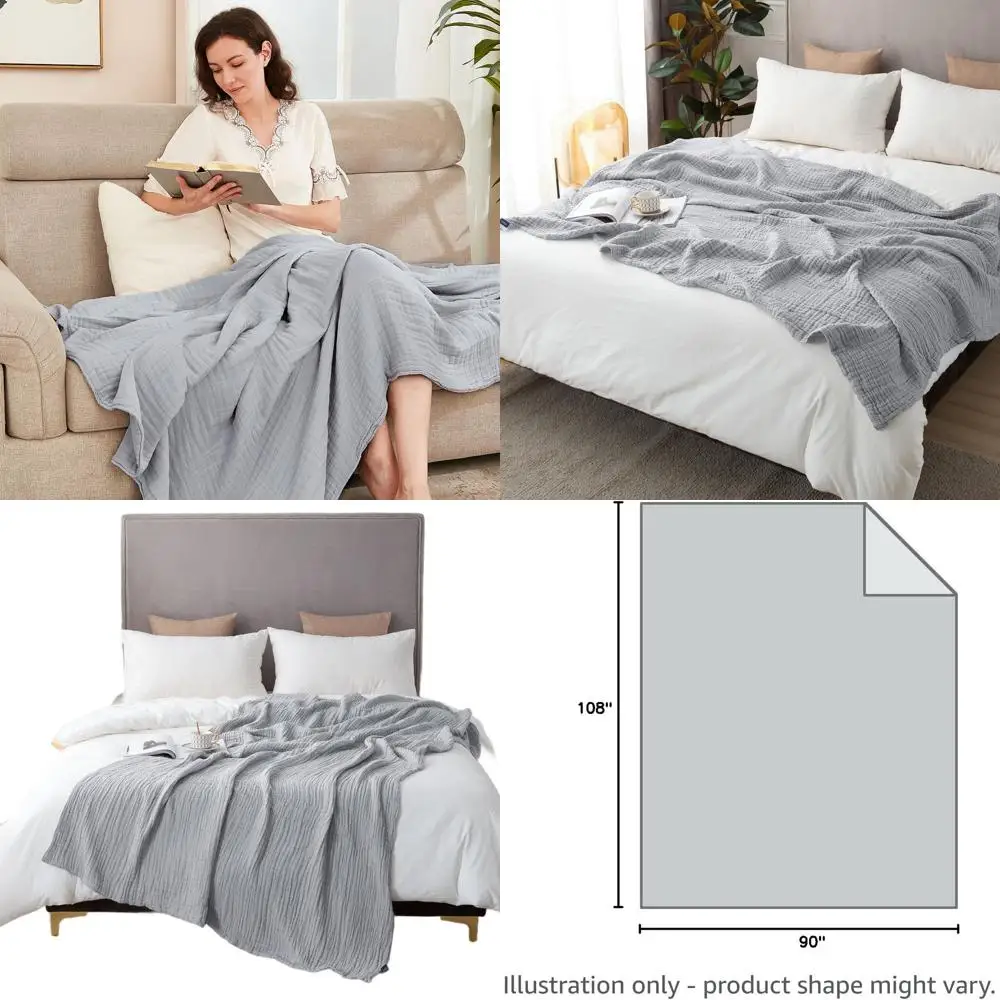 

King Size Cotton Muslin Blanket - Soft, Breathable, Lightweight Gauze, All-Season, Light Grey