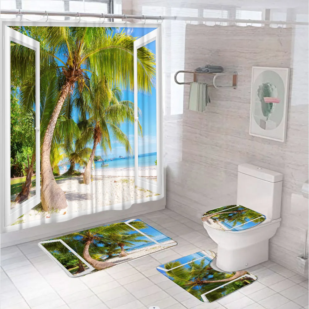 

Tropical Ocean Palm Trees Shower Curtain Set For Bathroom Decor Window Exotic Beach Landscape Carpet Bath Mats Rug Toilet Cover