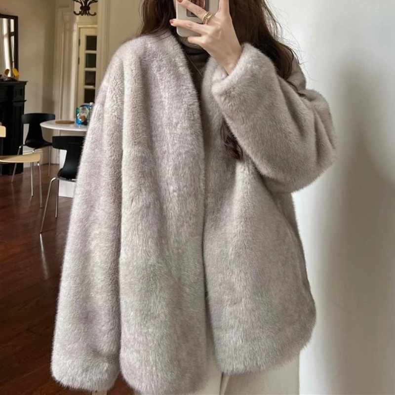 Faux Fur Coats Women V Neck Short Coat Thick Warm Jackets Y2k Streetwear Elegant Work Open Stitch Outerwear Autumn Winter Jacket