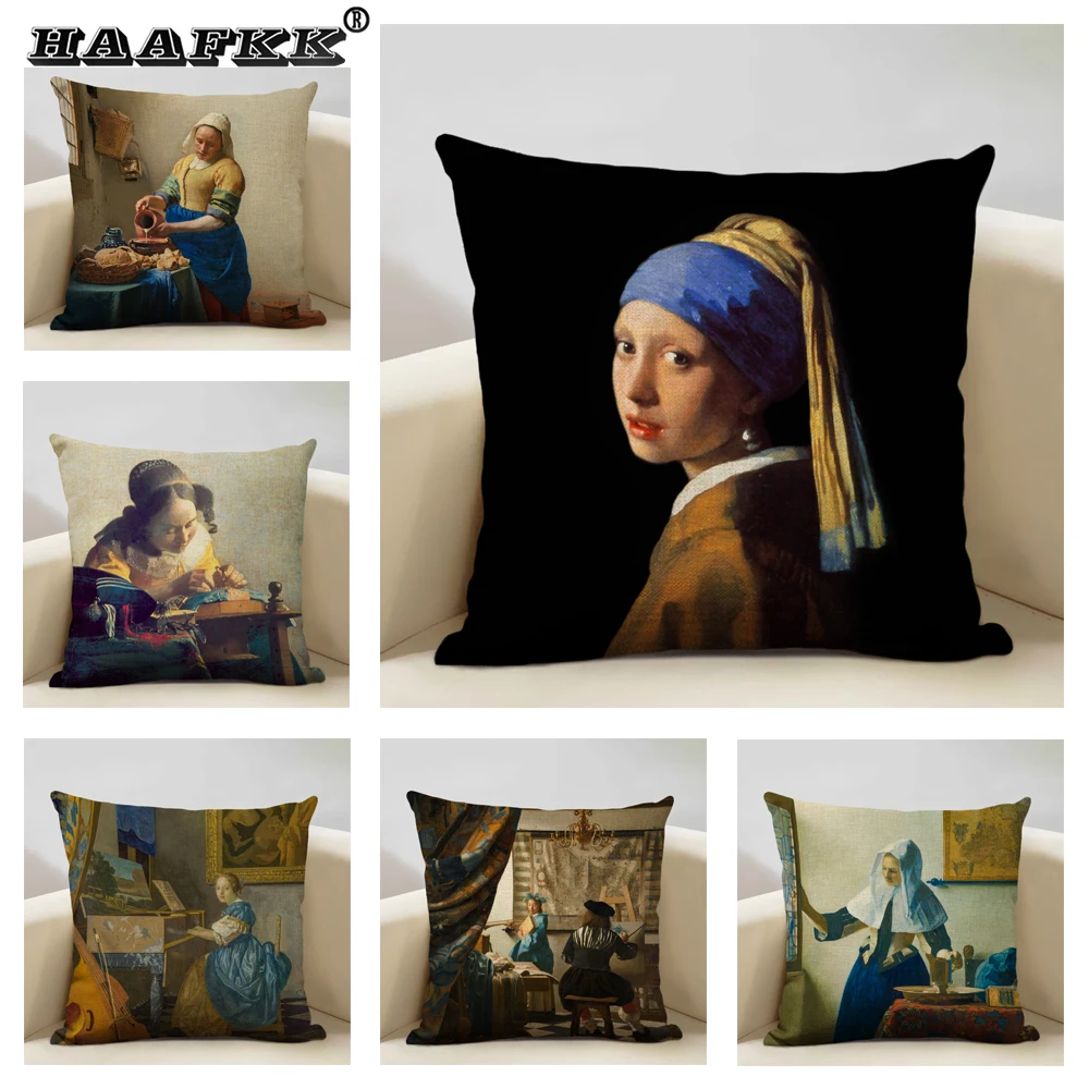 

Art Oil Painting Pearl Girl Cushion Cover 45*45cm Art Decoration Coffee Bar Hotel Office Flax Pillow Cover Johannes Vermmer