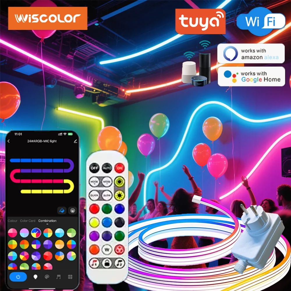 

WISCOLOR TUYA WIFI светодиодные гибкие неоновые ленты, водонепроницаемые, силиконовые, музыкальная синхронизация, с голосовым управлением, с Aleax/Google Home, поддержка Smart Life, для домашнего декора DIY