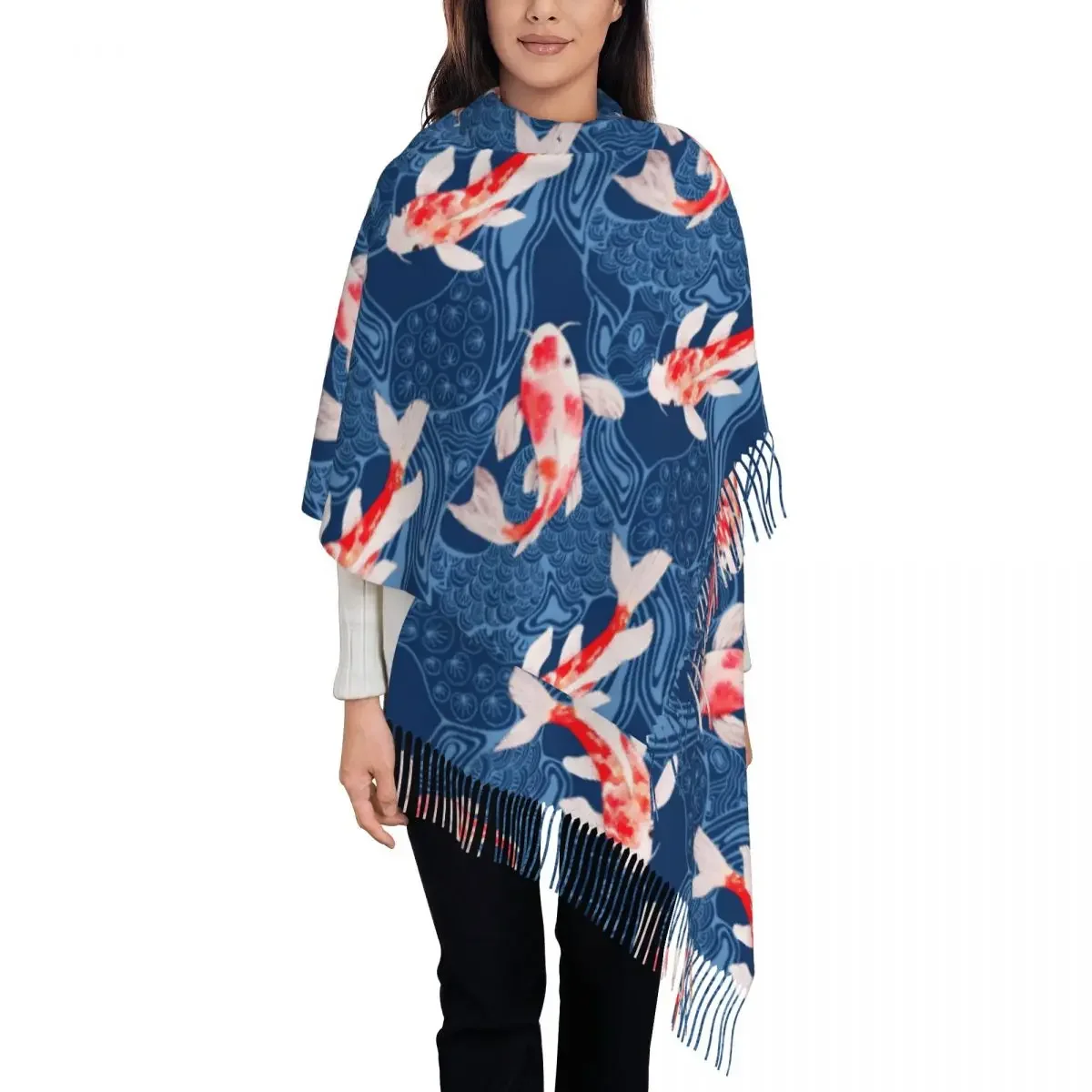 Watercolor Koi Fish With Japanese Waves Women's Pashmina Shawl Wraps Fringe Scarf Long Large 