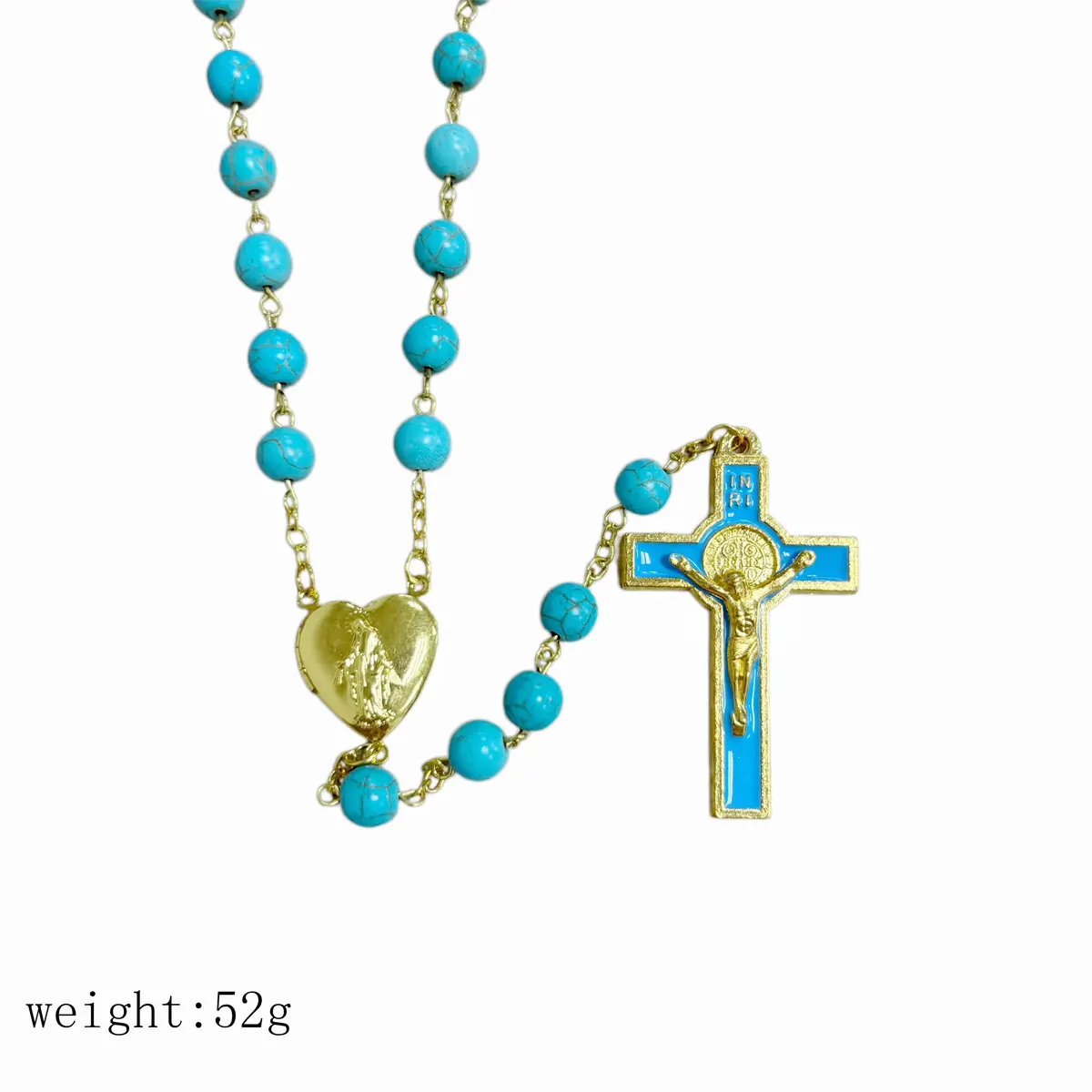 Catholic Rosary Necklace Set with Carved Stone Beads Sacred Heart Locket Jesus Crucifix - Religious Prayer Jewelry