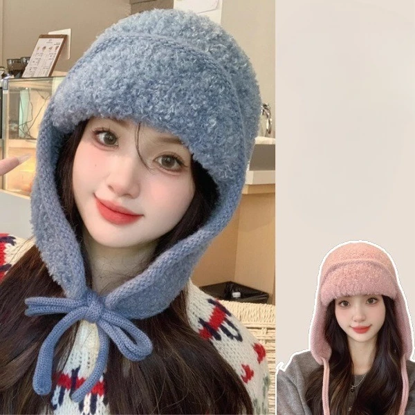 بلون شتاء دافئ محبوك بيني النساء الدافئة الصوفية اليابانية قبعة كومة قبعات سدادات حماية الأذن التعادل البلوز قبعة منفذها القبعات