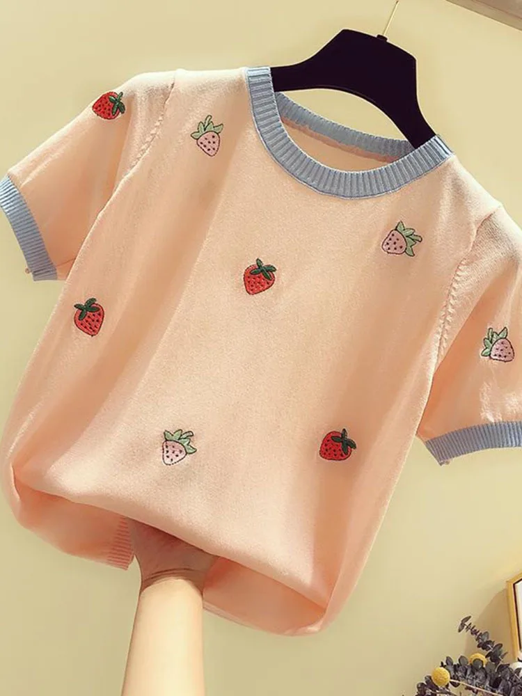 Strawberry Ice Silk Knitted T-Shirt Women's 2024 Summer New High Quality Thin Embroidered Casual Sweet Top