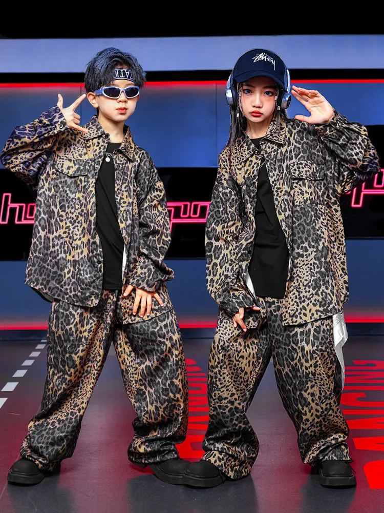 Hip Hop Boys Retro Leopard Print Set K-pop Shirt Tops Pants Child Street Dance Kids Streetwear Girl Group Jazz Clothes