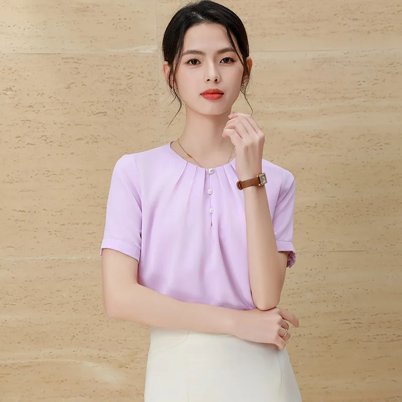 Short Sleeve Shirt2024New Women's Summer Business Clothing round Neck French Top High Sense Satin Shirt Suit