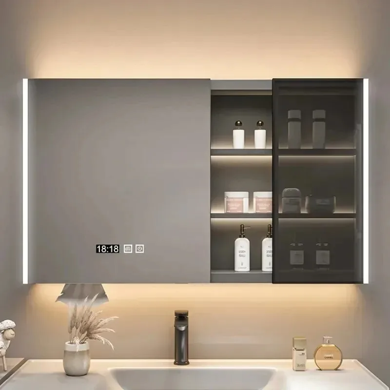 Умный зеркальный шкаф для ванной комнаты с подсветкой, скандинавская противозапотевающая мебель для ванной комнаты из цельного дерева, зеркало с шкафчиком для хранения M