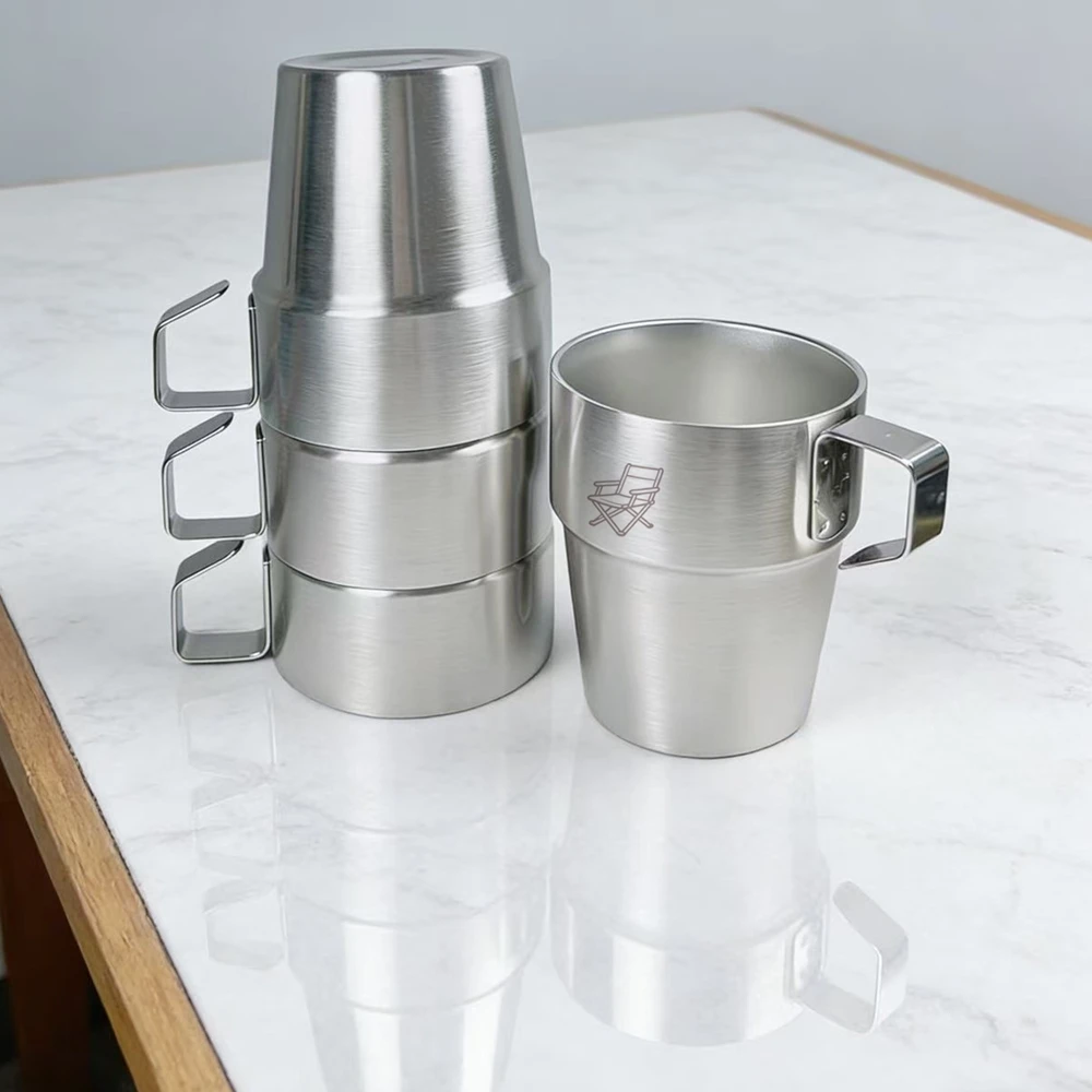 4er-Pack Campingbecher aus Edelstahl mit Griff, 10 Unzen, doppelwandig, stapelbar, Camping-Kaffeebecher mit Netztasche für Outdoor-Reisen – Detail 1