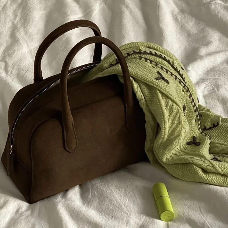 New NW Retro Suede Leather Bowling Bag Large Capaci Commuter Bag Boston Sle Soft Handbag for Women in Soft Leather