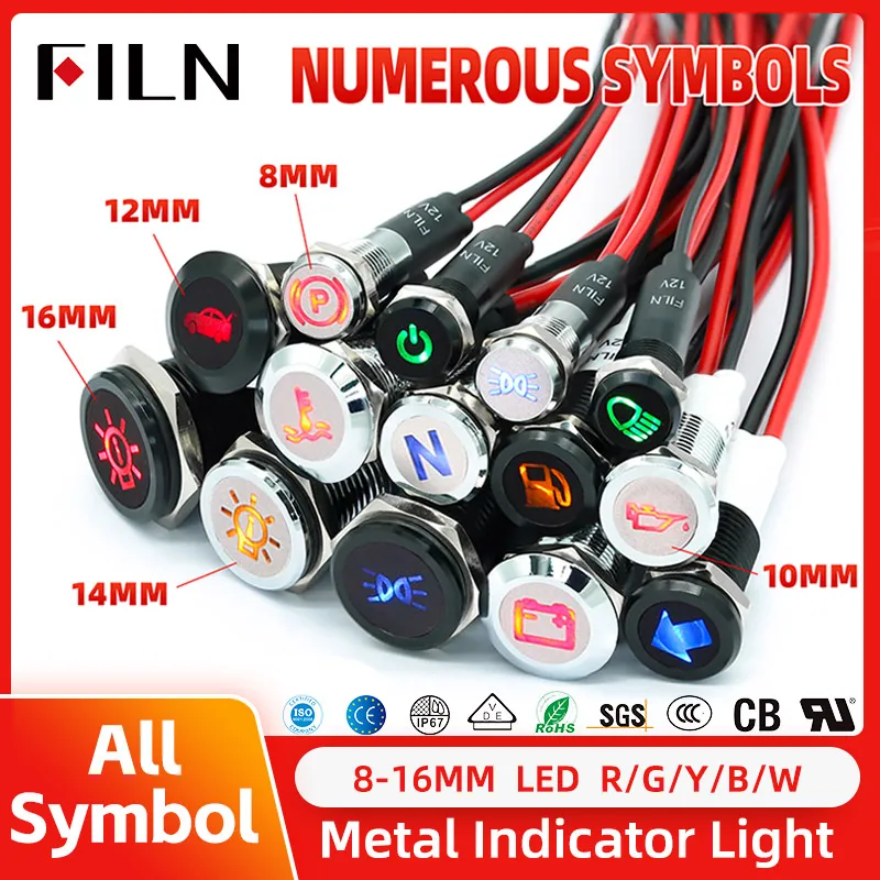 FILN 8/10/12/14/16mm Led Metal Pilot Light With Wire Symbol 12V 24V For Car Dashboard Truck Machinery Industrial Control Panels