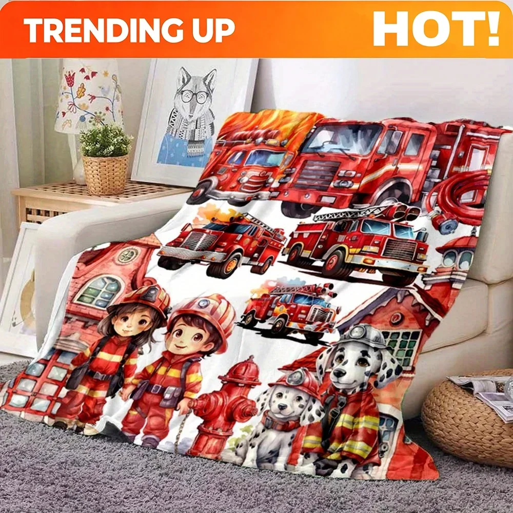 Customization A Single Piece Blanket Featuring A Fire Services Department Fire Engine Design, Suitable For Use On Sofas, Beds, D