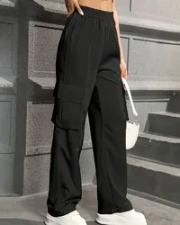 Elastic Waist Fashionable Workwear Pants High Waist Wide Leg Pants Loose Solid Color Casual Sports Pants WOMEN'S Sportswear