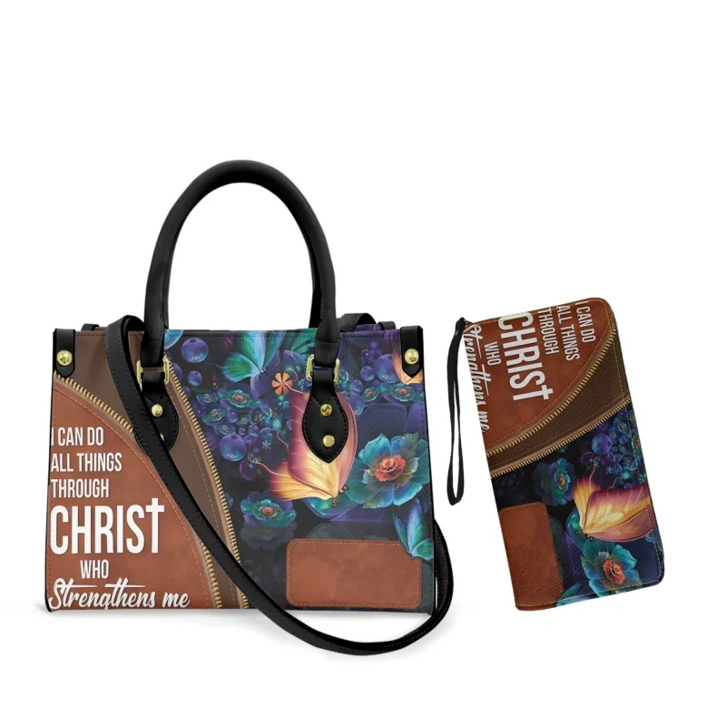 I Can Do All Things Through Christ Sac en cuir pour femme, ensembles de sacs à main papillon personnalisés, cadeau chrétien pour femme, sacs à main, sac à main