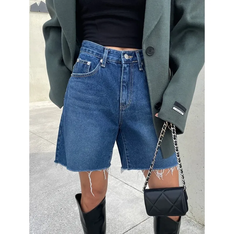 New 2024 Summer High Waist Denim Shorts For Women Pockets Burrs Blue Color Short Jeans Women Streetwear Casual Women\'s Shorts