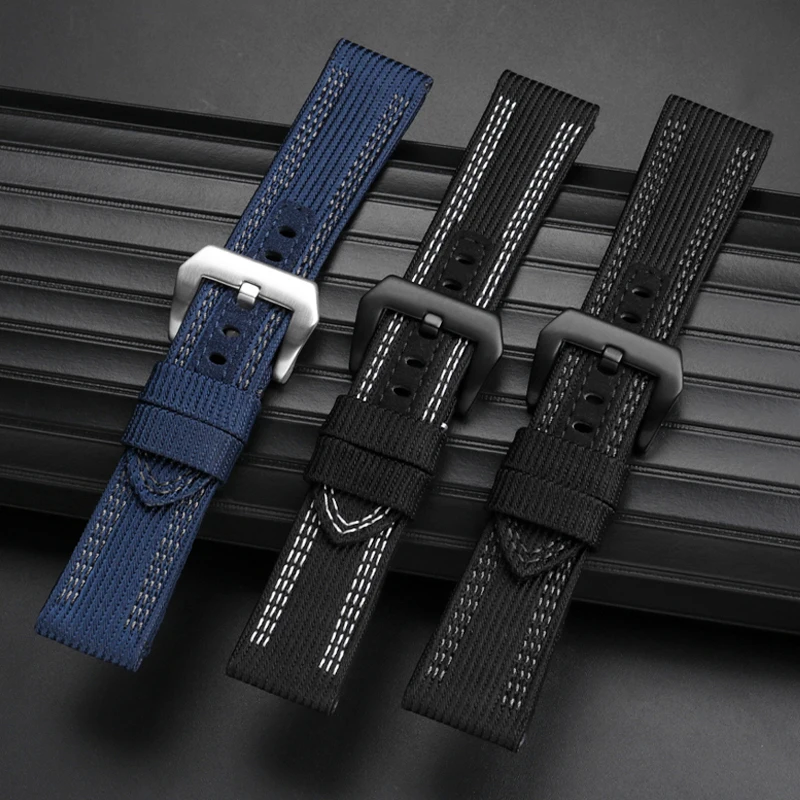 24mm 26mm Nylon Canvas Leather Watch Strap for Panerai 00984 985 Luminor Accessories Bracelet Black Blue Watch Strap Free Tools